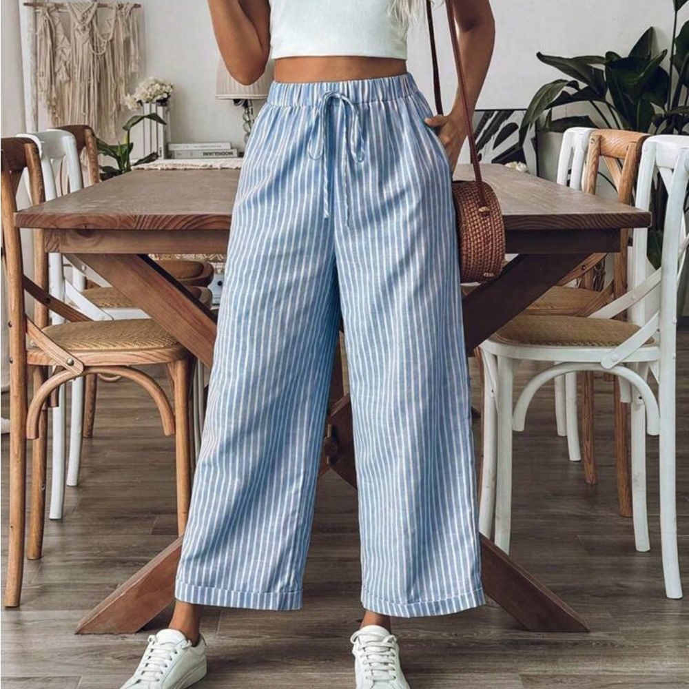 SHEIN Blue & White Striped Wide-Leg Drawstring Pants - XS